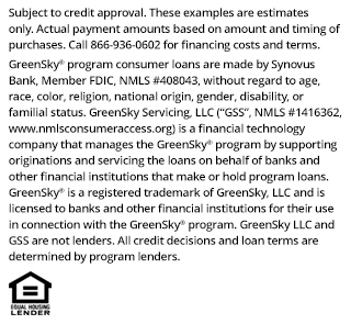 Financing for GreenSky© credit programs is provided by federally insured, federal and state chartered financial institutions without regard to race,color, religion,natinal origin, sex or familialstatus. NMLS #1416362; CT SLC-1416362; NJMT #1501607 C22
