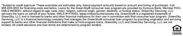 Financing for the GreenSky® consumer loan program is provided by Equal Opportunity Lenders. GreenSky® is a registered trademark of GreenSky, LLC, a subsidiary of Goldman Sachs Bank USA. NMLS #1416362. Loans originated by Goldman Sachs are issued by Goldman Sachs Bank USA, Salt Lake City Branch. NMLS #208156. https://www.nmlsconsumeraccess.org