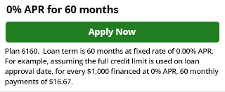 6160 - Equal Payments, 0% for 60 Months
